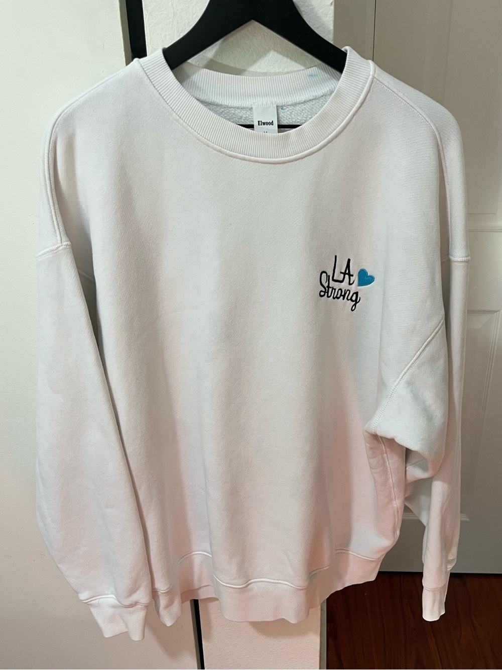 Elwood White Crewneck Sweatshirt with Blue Heart LA Strong Palisades Embroidery